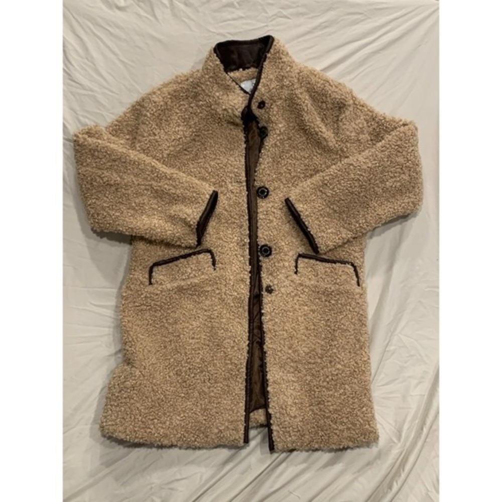 Sam Edelman Camel Teddy Long Coat Large Faux Fur w/ Faux Leather Accents